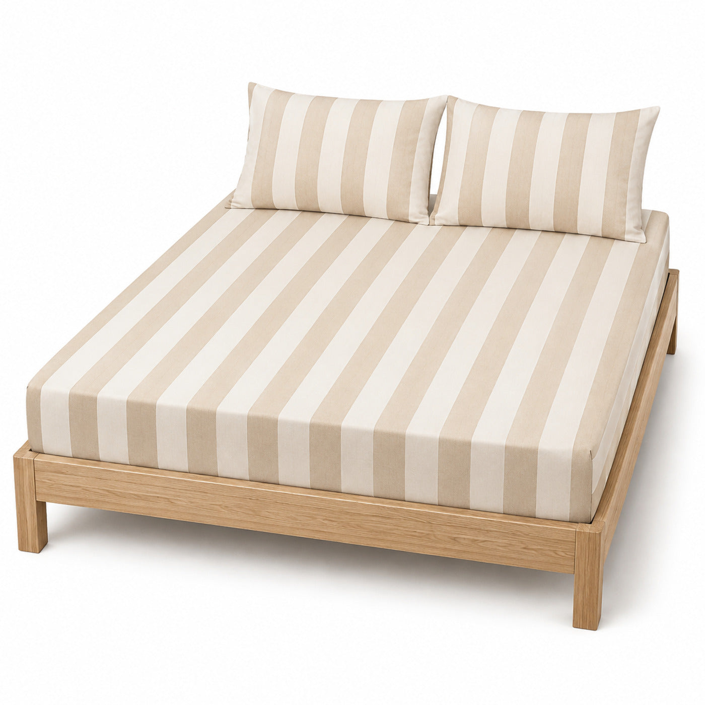 Beige and ivory broad-stripe bed sheet set with matching pillowcases on a wooden bed