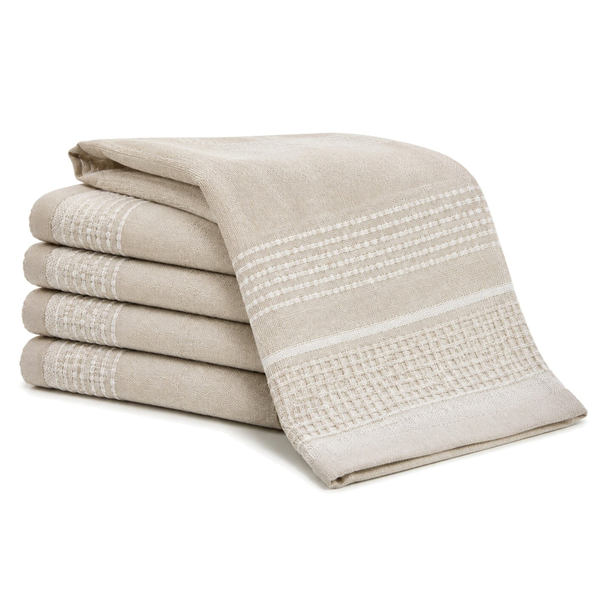 Primeval beige and ivory dotted stripe border cotton kitchen towel set in folded studio presentation