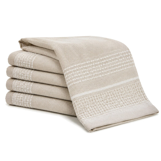 Primeval beige and ivory dotted stripe border cotton kitchen towel set in folded studio presentation