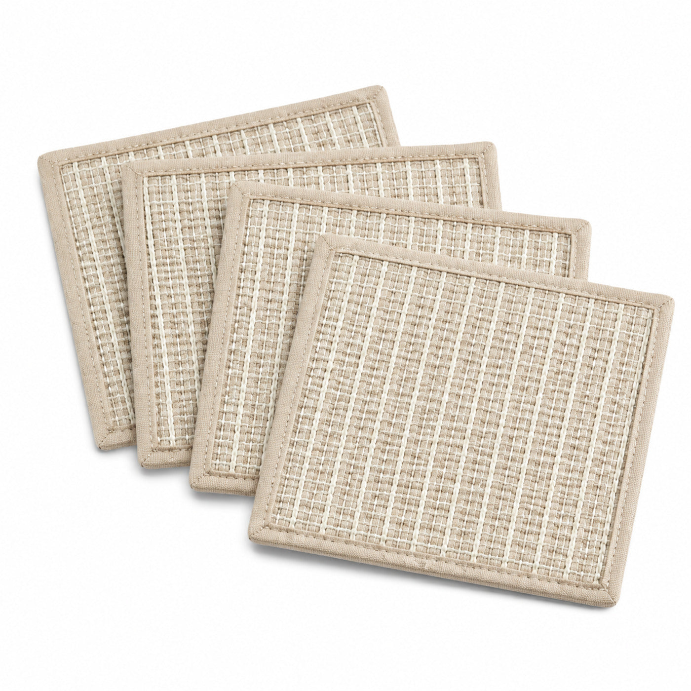 Beige ivory linear textured coaster set on a clean white background