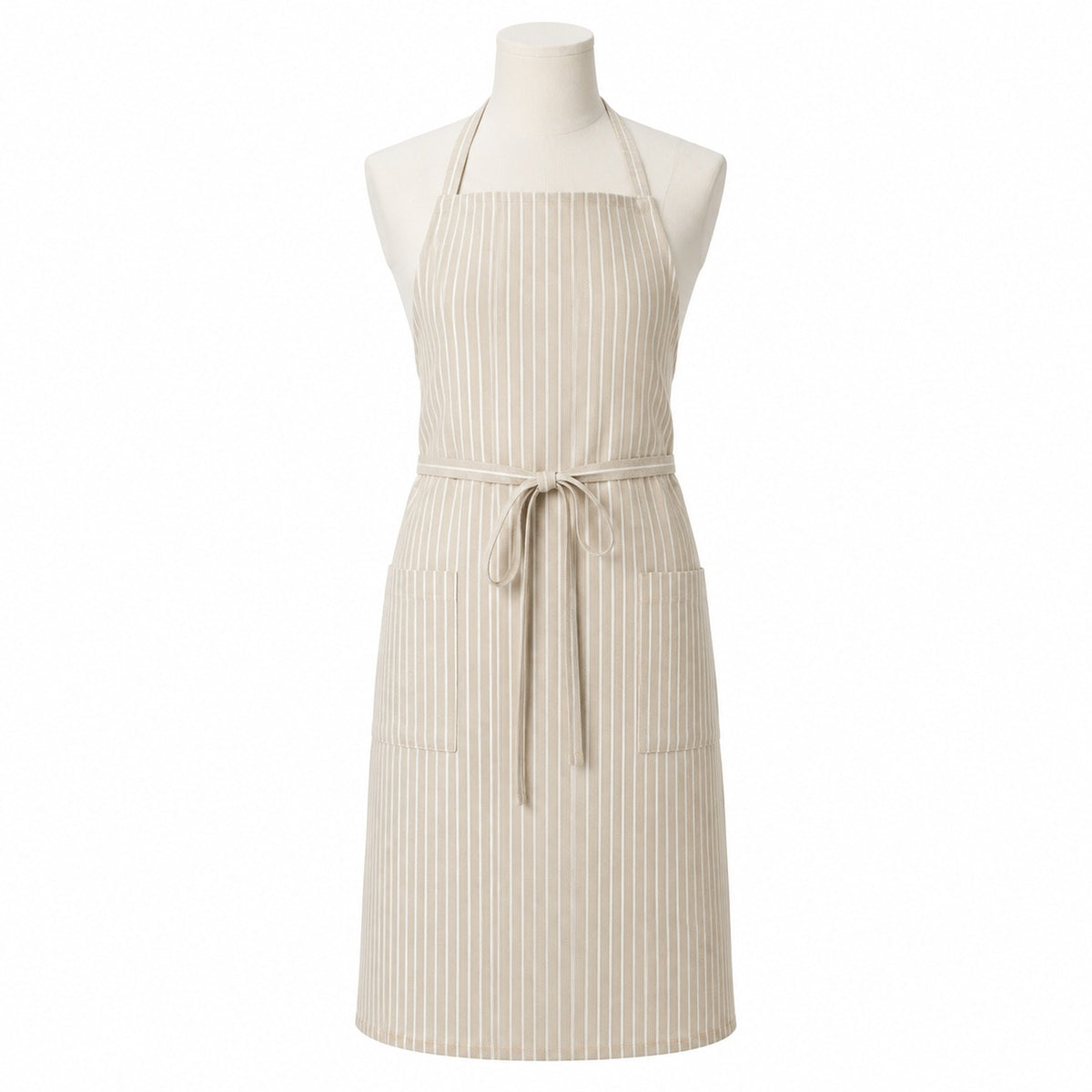 Primeval beige and ivory pinstripe chef apron displayed on a dress form