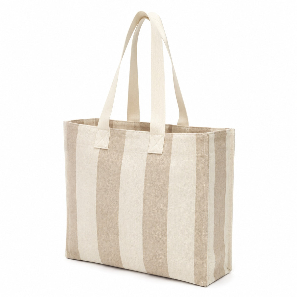 Beige and ivory wide stripe cotton tote bag with long handles on a white background.