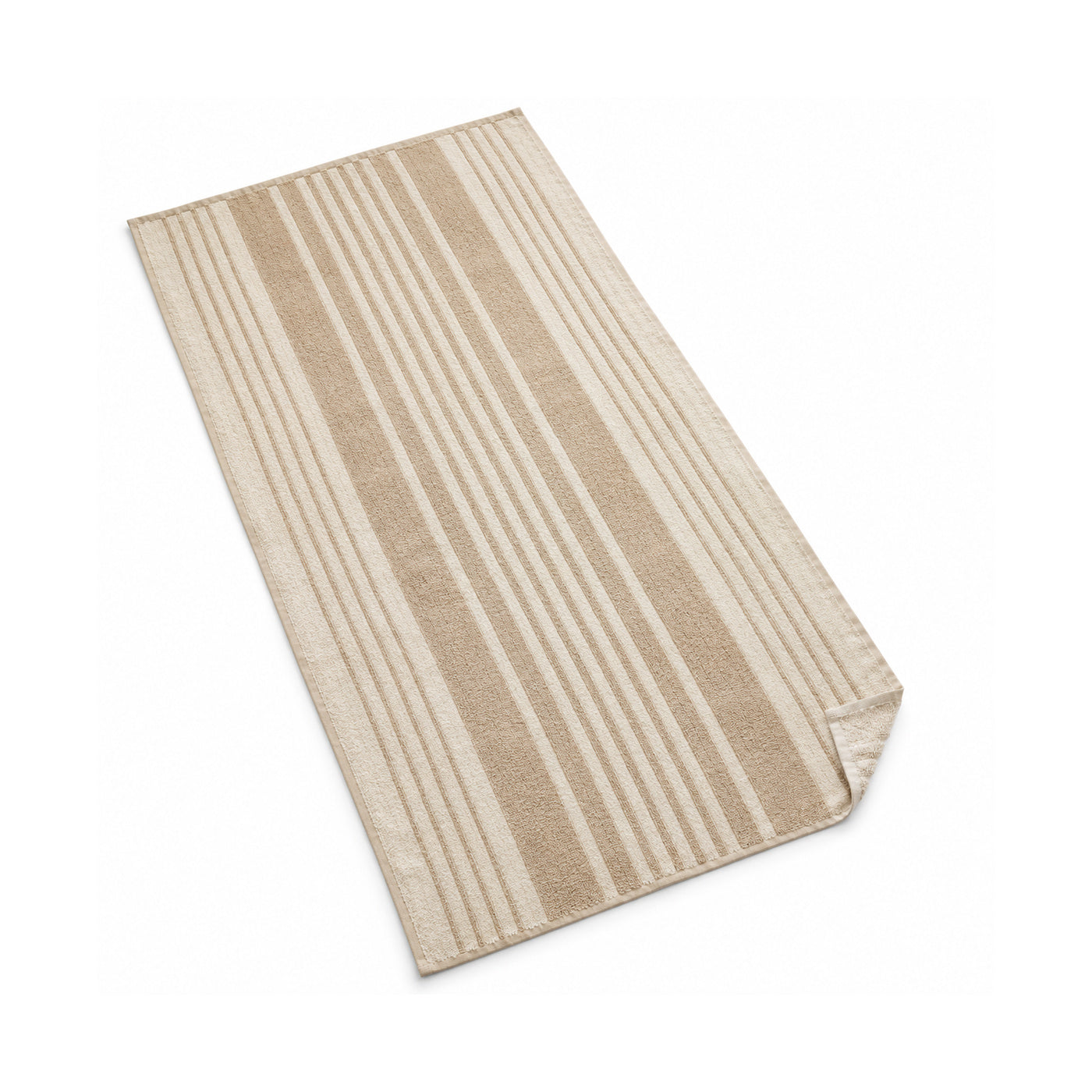 Beige and natural multistripe beach towel with a relaxed coastal look.