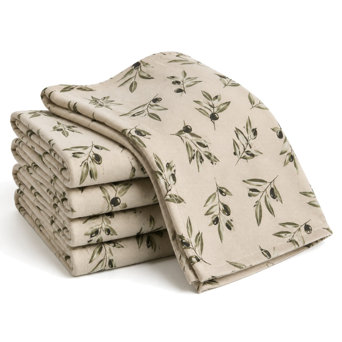 Primeval beige and olive botanical leaf print cotton kitchen towel set in folded studio presentation