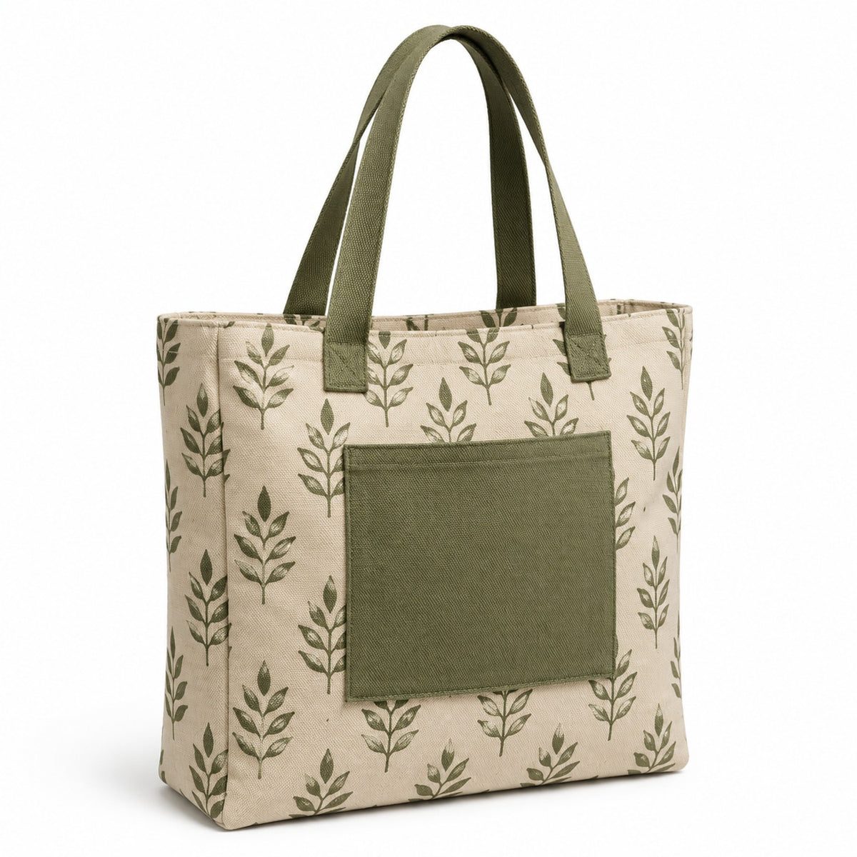 Beige botanical print tote bag with olive leaf motifs, olive handles and a large front pocket on a white background.