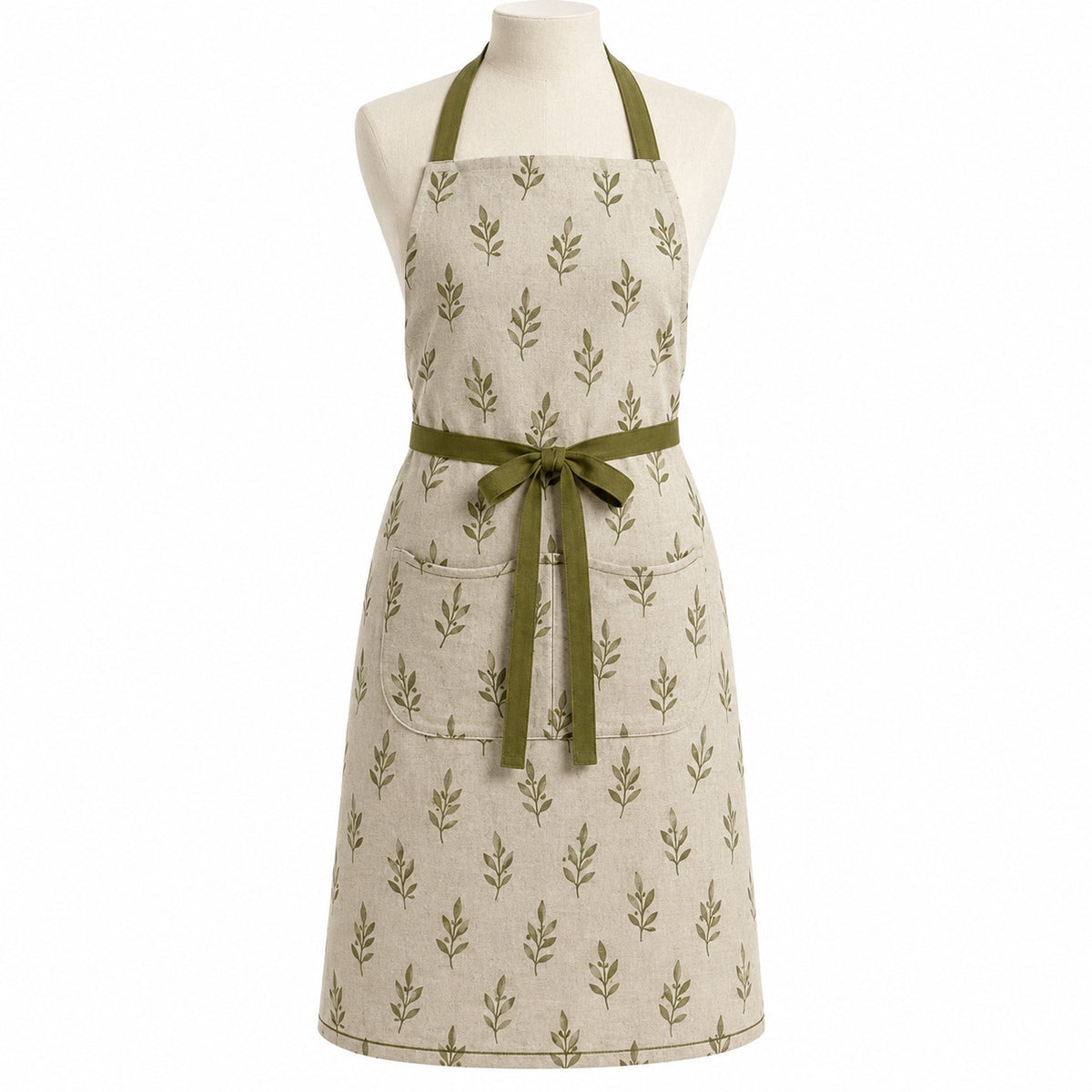 Primeval beige chef apron with olive leaf print displayed on a dress form
