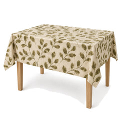 Primeval beige olive organic leaf print tablecloth displayed on a rectangular dining table