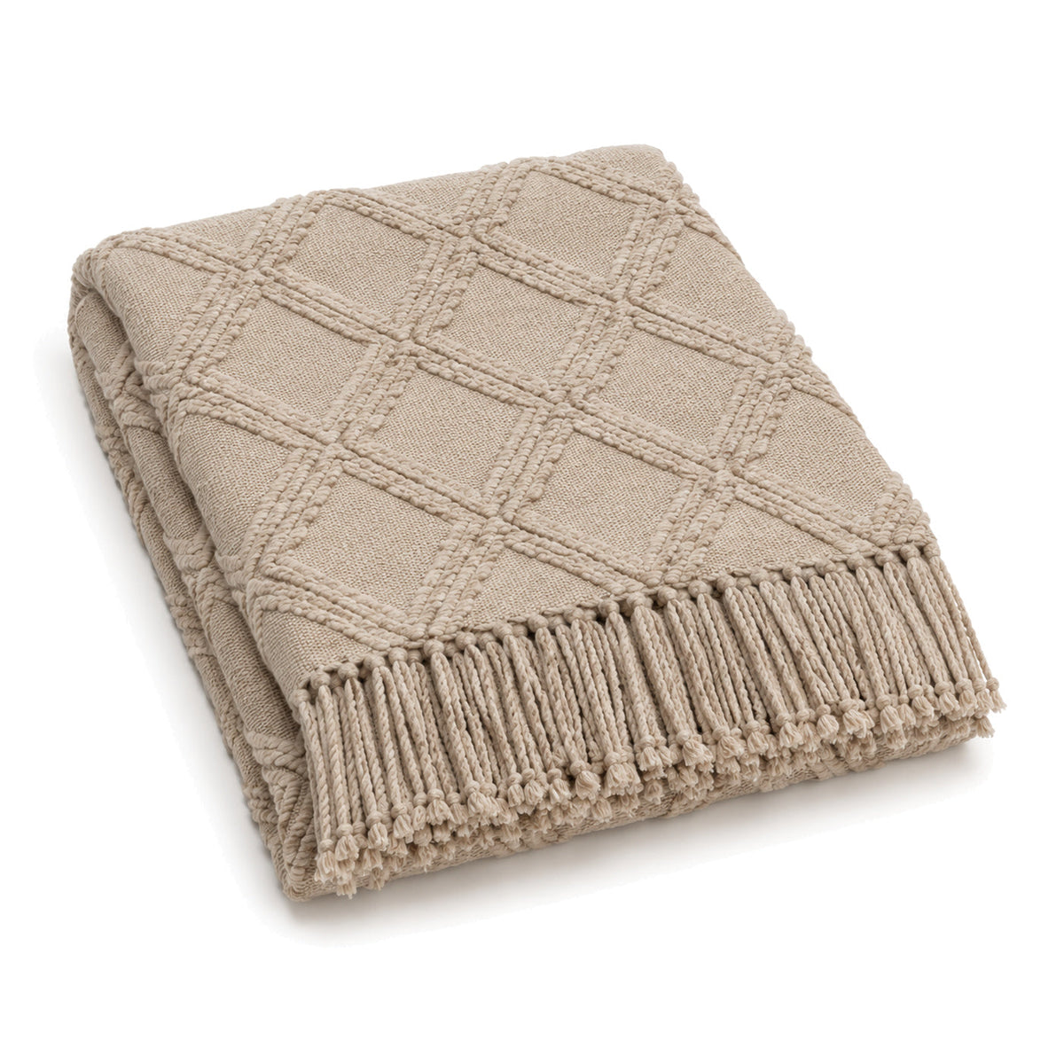 Beige raised diamond textured cotton throw with fringe 130×170 cm by Primeval