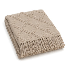 Beige raised diamond textured cotton throw with fringe 130×170 cm by Primeval