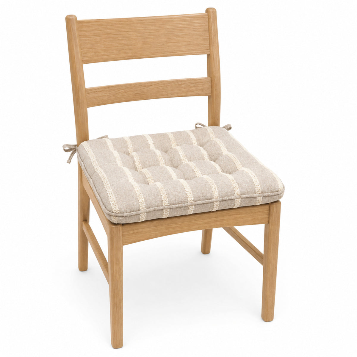 Primeval beige raised stripe dining chair pad with tie straps on wooden dining chair