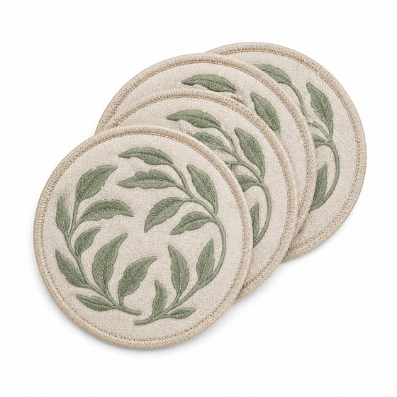 Beige sage botanical coaster set on a clean white background
