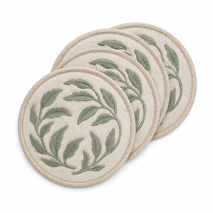Beige sage botanical coaster set on a clean white background