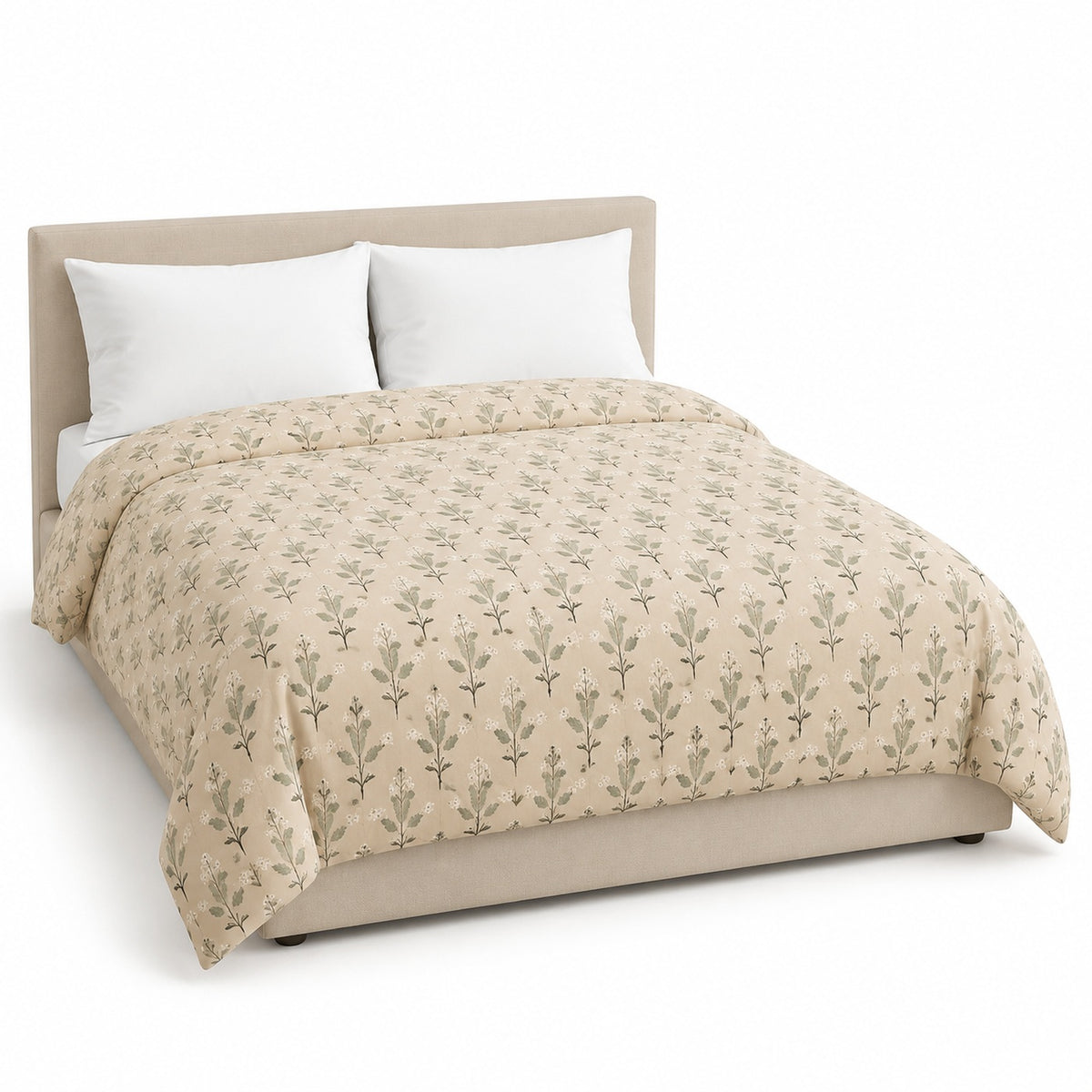 Primeval beige sage small botanical duvet cover displayed on a styled bed against a clean white studio background