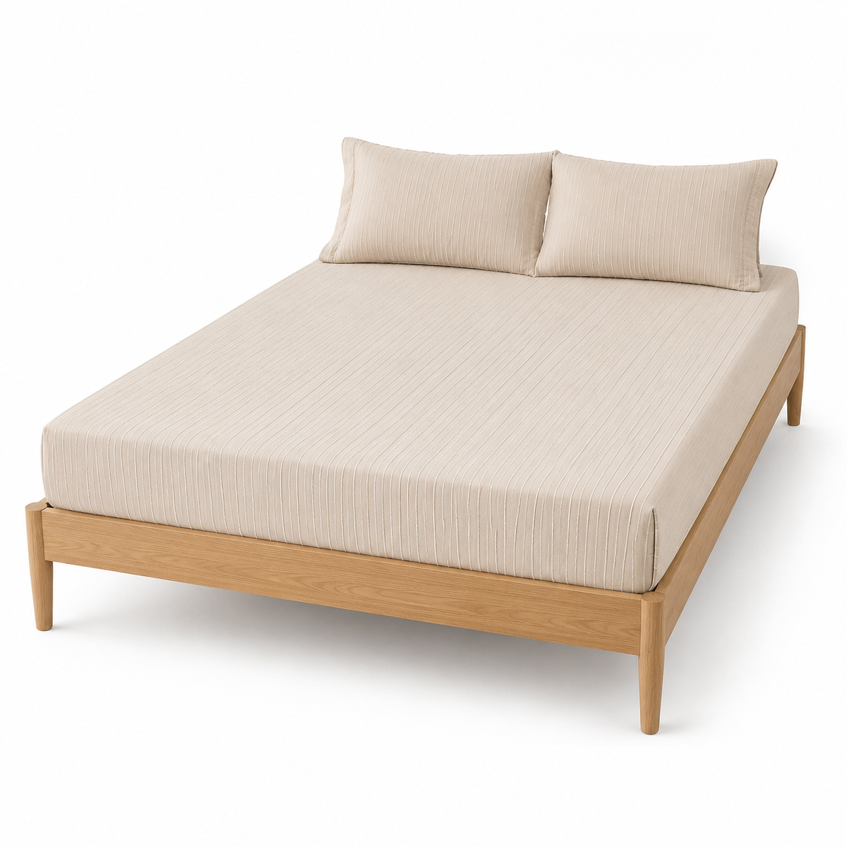 Beige seersucker stripe bed sheet set with matching pillowcases on a wooden bed