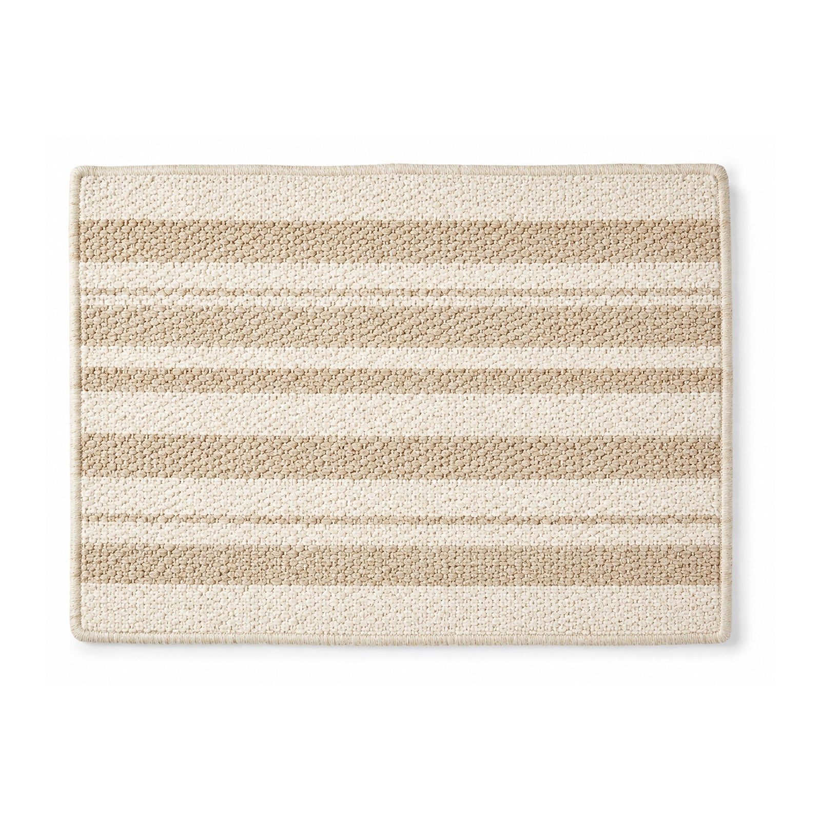 Beige and ivory striped woven bath mat on white background