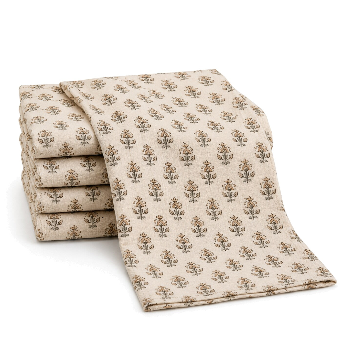 Primeval beige and taupe floral sprig print cotton kitchen towel set in folded studio presentation