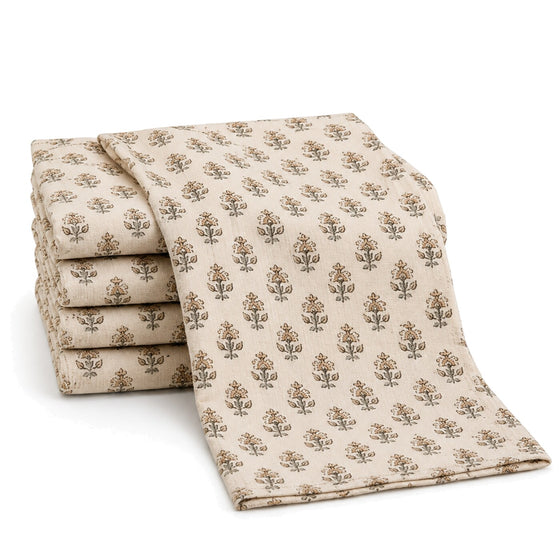 Primeval beige and taupe floral sprig print cotton kitchen towel set in folded studio presentation