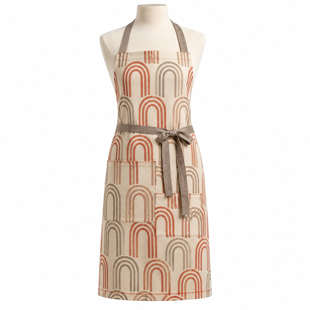 Primeval beige chef apron with terracotta arch print displayed on a dress form