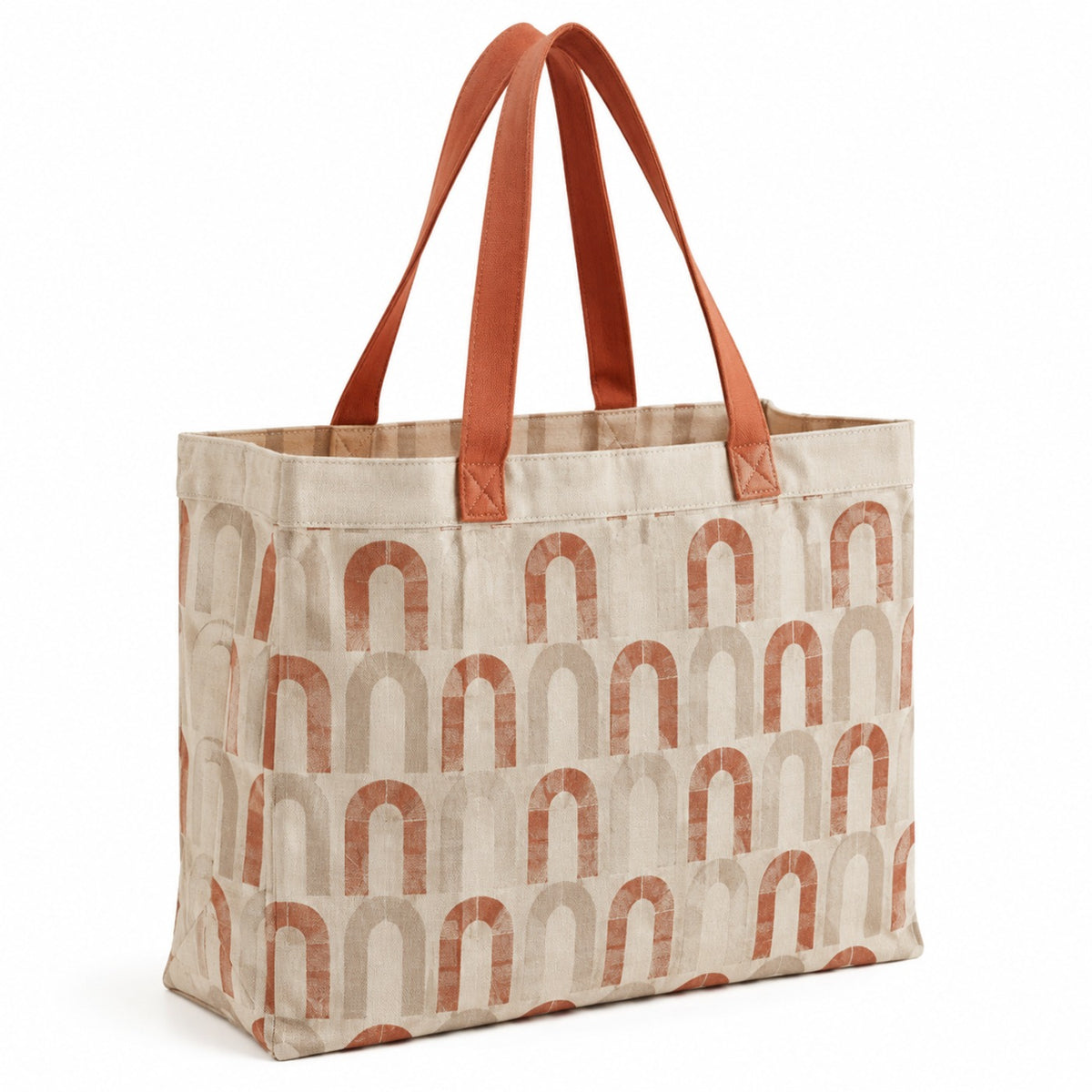Beige tote bag with terracotta arch print and terracotta handles on a white background.