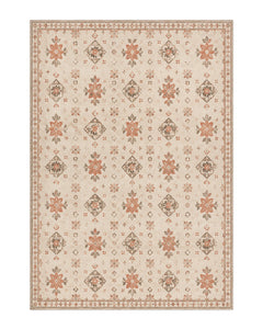 Beige and terracotta printed area rug with small artisan-style floral and diamond motifs on a white background.