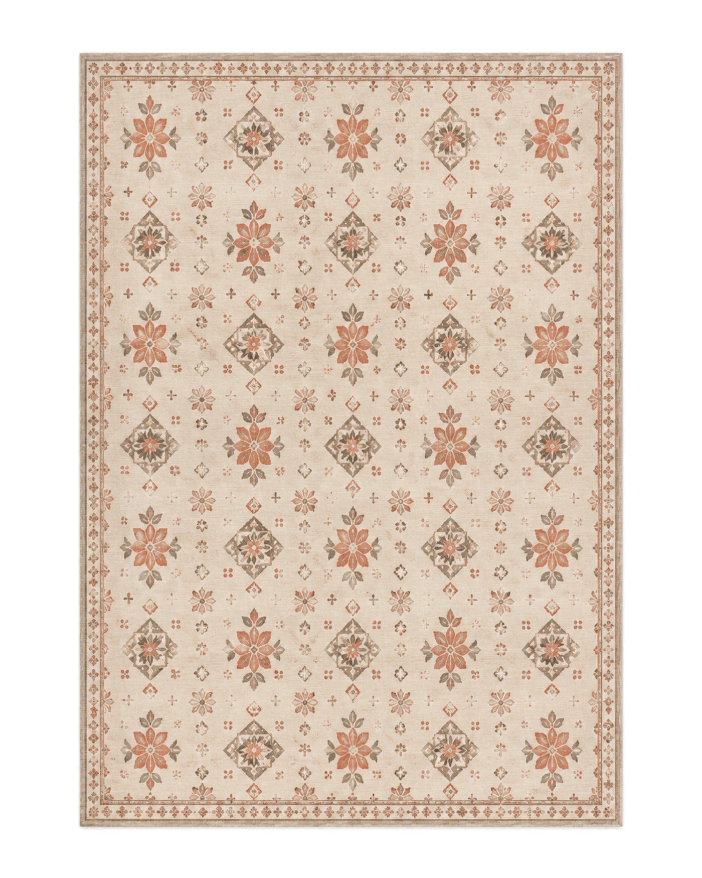 Beige and terracotta printed area rug with small artisan-style floral and diamond motifs on a white background.