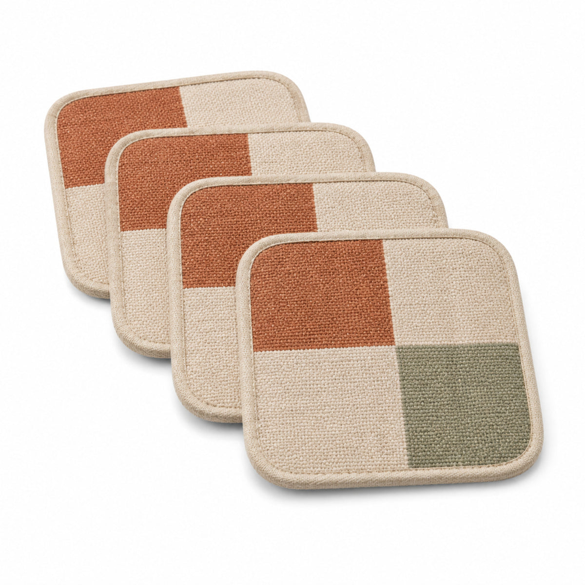 Beige terracotta sage color block coaster set on a clean white background
