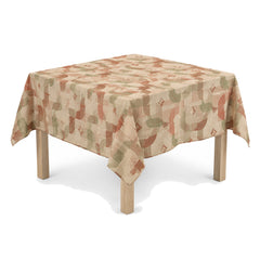 Primeval beige terracotta sage contemporary woven tablecloth displayed on a square dining table