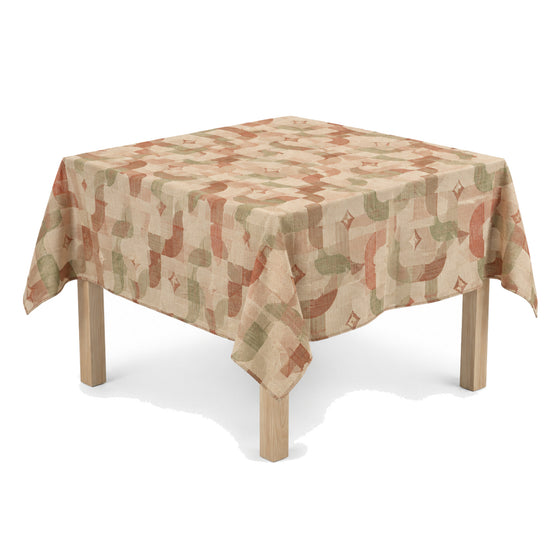 Primeval beige terracotta sage contemporary woven tablecloth displayed on a square dining table