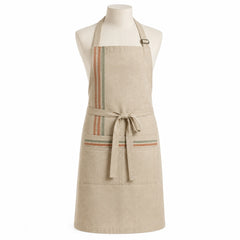 Primeval beige chef apron with terracotta and sage stripe details displayed on a dress form