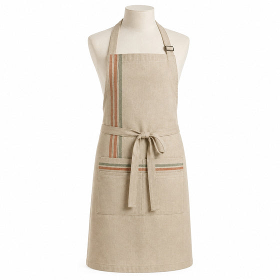Primeval beige chef apron with terracotta and sage stripe details displayed on a dress form