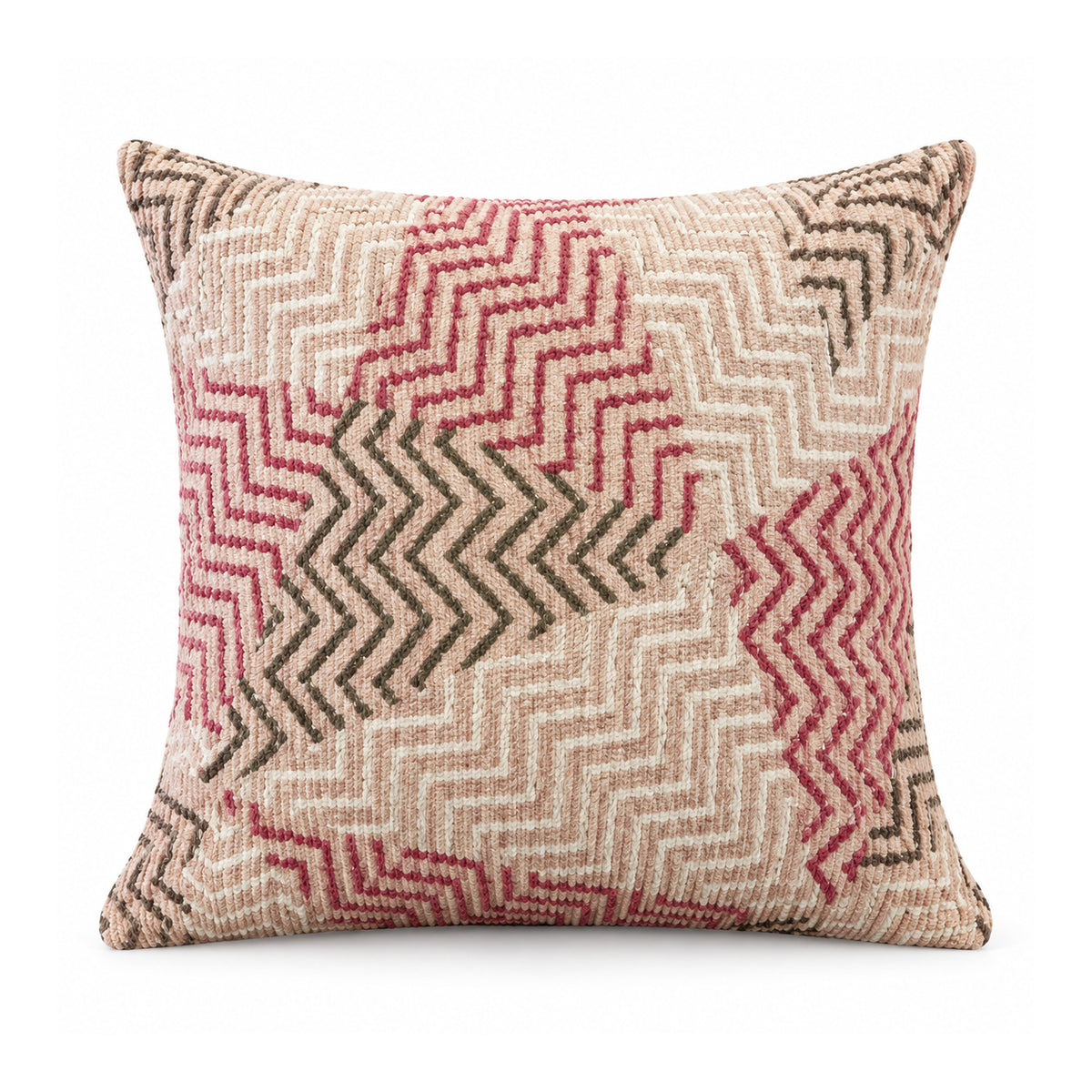 Primeval decorative throw cushion with beige, terracotta, and gray broken zigzag and maze-like shapes, shown against a white background