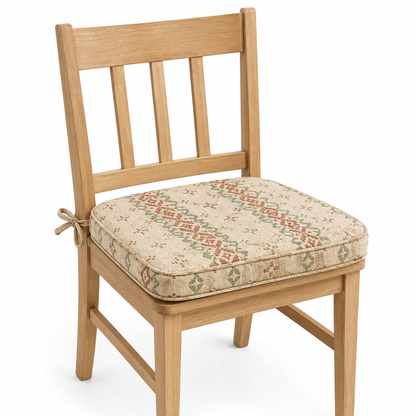 Primeval beige vintage floral stripe dining chair pad with tie straps on wooden dining chair