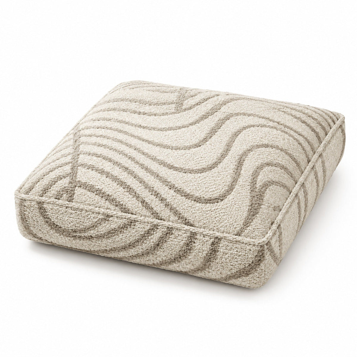 Beige square floor cushion with flowing wavy line pattern on white background