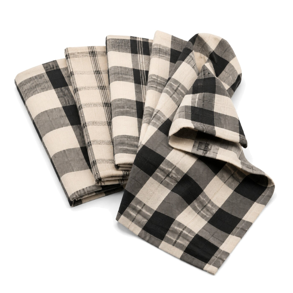 Primeval black and beige buffalo check cotton kitchen towel set in folded studio presentation