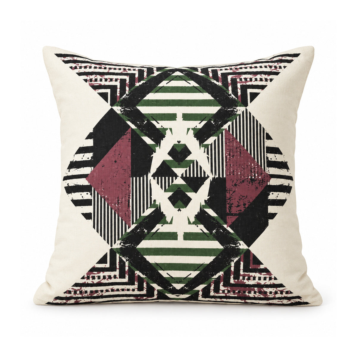 Primeval black burgundy olive and ivory cushion cover with centered tribal-inspired diamond medallion and striped geometric details