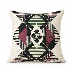 Primeval black burgundy olive and ivory cushion cover with centered tribal-inspired diamond medallion and striped geometric details