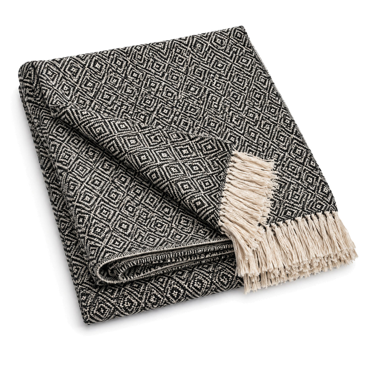 Black and cream diamond jacquard cotton throw with fringe 130×170 cm by Primeval