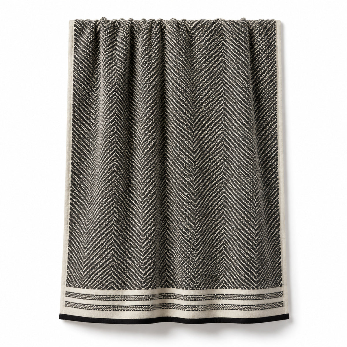 Black and cream herringbone jacquard cotton bath towel 70x140 cm on white background