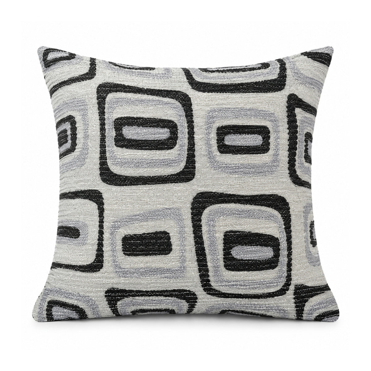 Primeval black and cream cushion with repeated outlined rounded rectangles and retro geometric squares