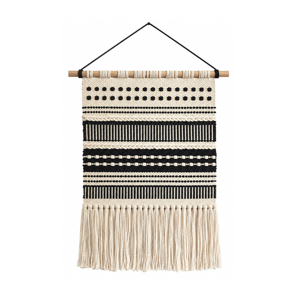 Black and cream woven cotton wall hanging with tribal geometric stripes and fringe