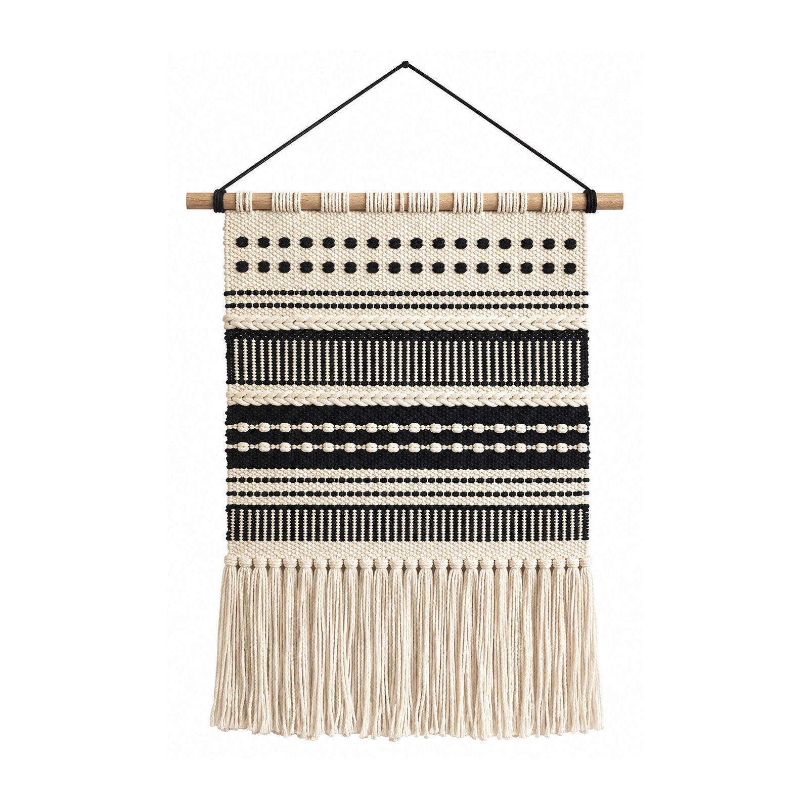 Black and cream woven cotton wall hanging with tribal geometric stripes and fringe