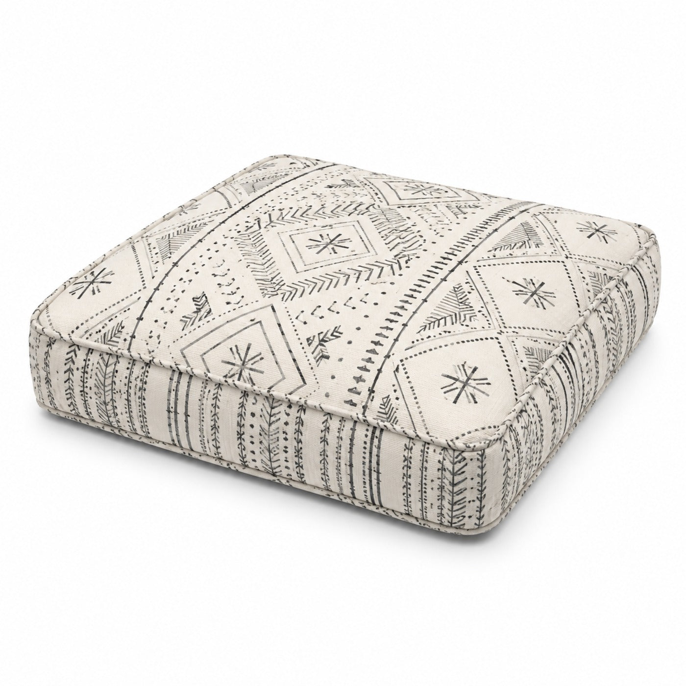 Black and ivory boho geometric square floor cushion on white background