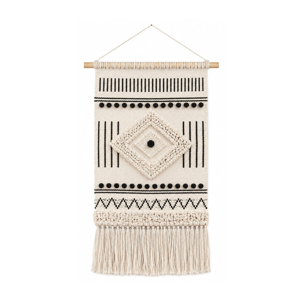 Black and ivory cotton macrame tapestry wall hanging with geometric diamond bands and fringe