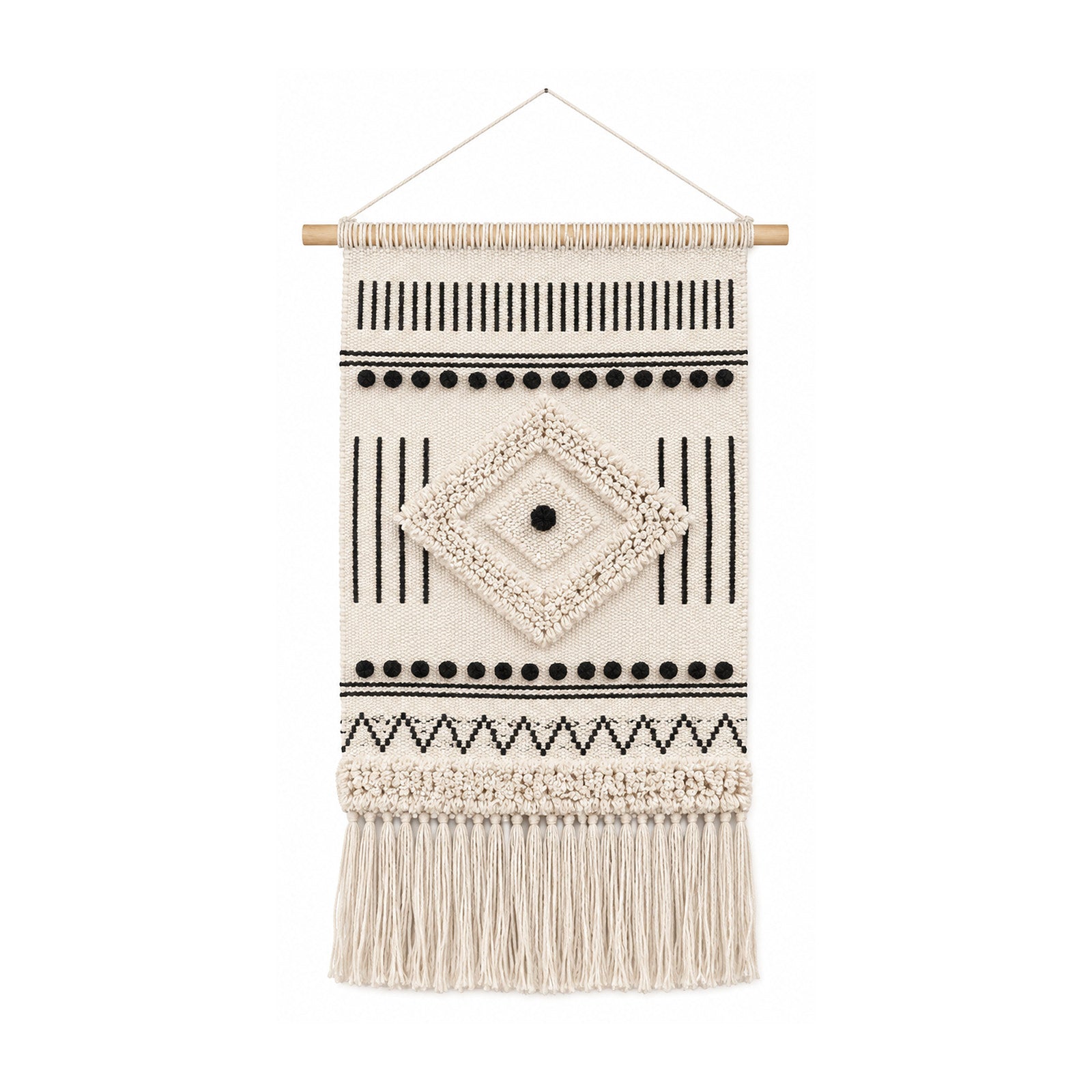 Black and ivory cotton macrame tapestry wall hanging with geometric diamond bands and fringe
