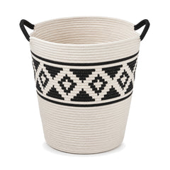 Primeval black and ivory geometric laundry basket with black handles on a white background