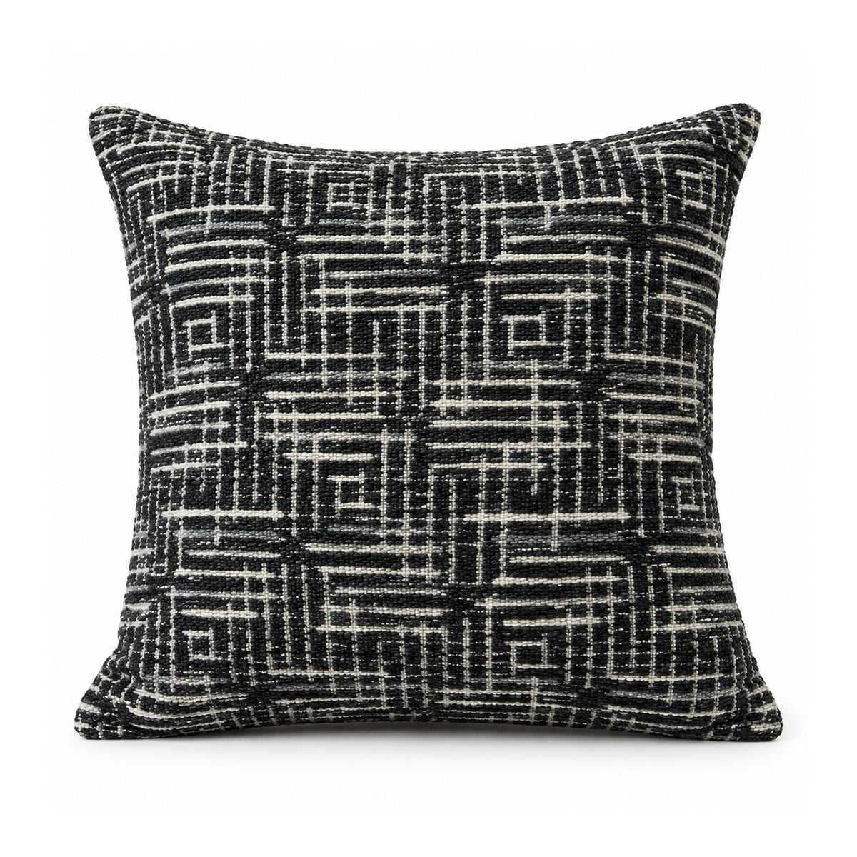 Primeval black and ivory cushion with an intricate interlocking linear maze and broken grid pattern