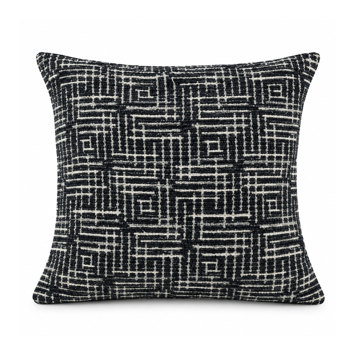 Primeval black and ivory cushion cover with tightly interwoven maze-like geometric grid lines