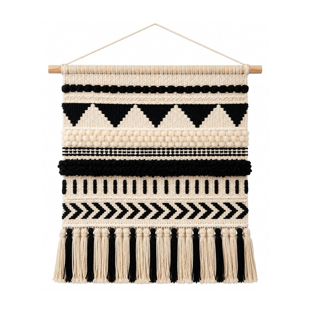 Black and ivory monochrome cotton wall hanging with tribal geometric bands and tassel fringe