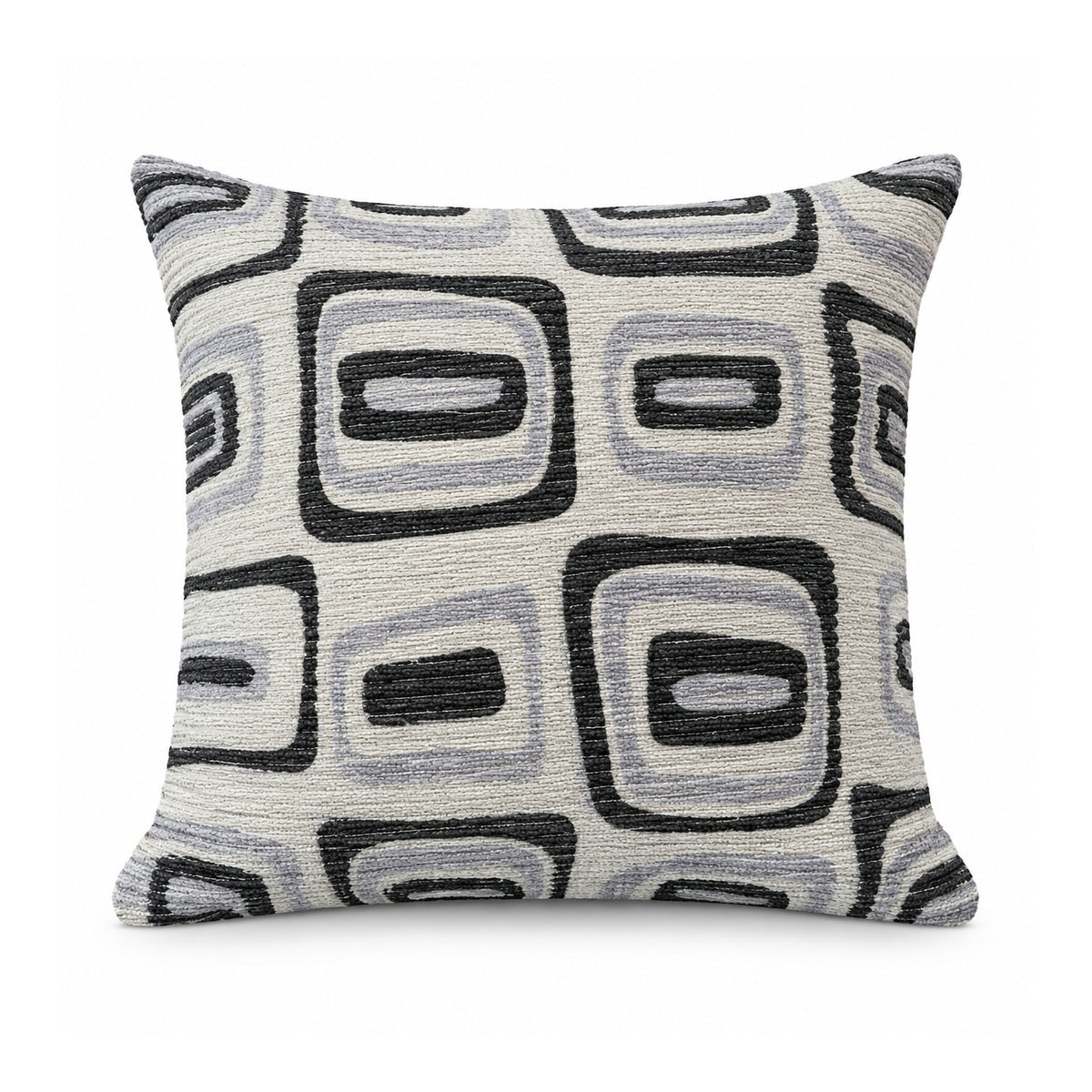 Primeval black and ivory cushion cover featuring rounded squares and rectangular abstract geometric shapes