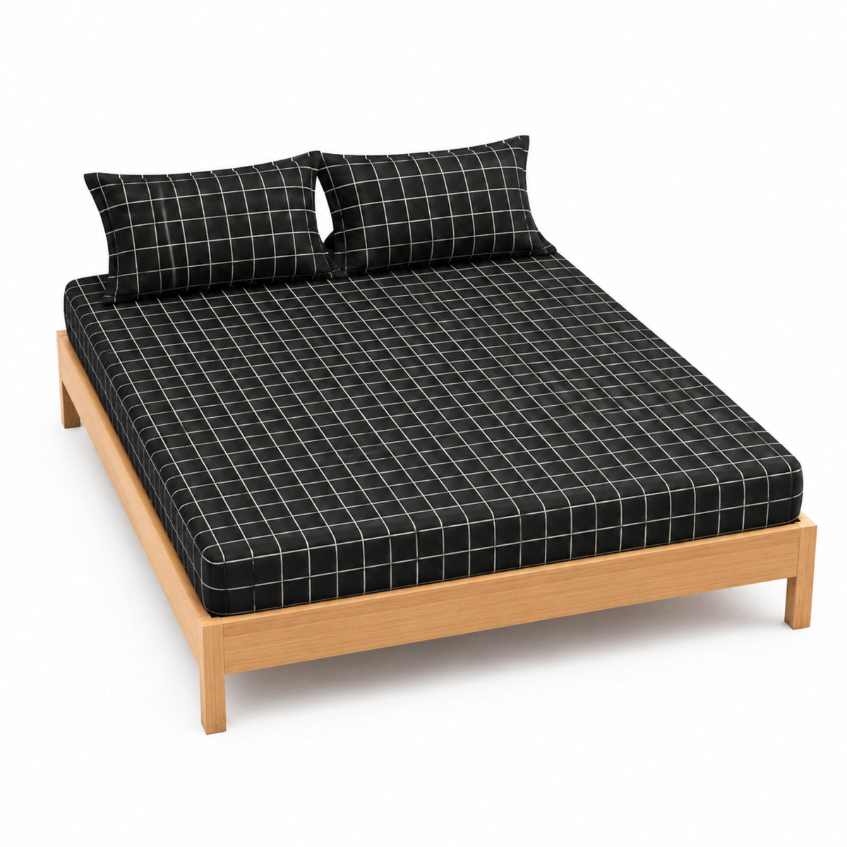 Black and ivory windowpane bed sheet set with matching pillowcases on a wooden bed